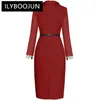 Vestidos casuais ilyboojun designer de moda vinho vermelho vestido de temperamento vintage buttle de botão de lapela feminina nádegas pacote slim long