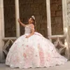 2024 Pink Quinceanera Dresses Ball Gown Off Shoulder Lace Appliques Crystal Beads Hand Made Flowers Puffy Tulle Corset Back Party Dress Prom Evening Gowns 0513