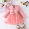 Robes de fille Robe pour enfants 9 mois - 5 ans manches longues couleurs une couleur en tulle mignon robes formelles princesse avec ceinture pour bébé girll2405