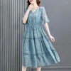Casual Dresses Blue Chiffon Printed Dress For Women 2024 Spring/Summer Lace Up Button Long Skirt Elegant Women's Fragmented Flower