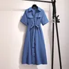 Work Dresses 150Kg Women's Summer Long Lapel Tie Dress Bust 149cm 5XL 6XL 7XL 8XL 9XL Loose Striped Shirt White Blue