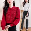 Blouses des femmes Femmes élégantes Rouffes lâches Shirts à paillettes rouges Temperament de printemps Bouton chic à manches longues