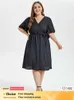 Plus size jurken plus formaat kleding elegante jurk vrouwen hoge taille v nek zacht vlinder slve wrap zoom riem casual korte slve midi jurk y240510