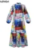 Plus Tamanho 5xl Vonda Vonda Verão Bohemian Vestido impresso Mulheres elegantes Manga longa Vintage Maxi Botões casuais Robe solto 240424