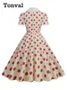 Robes de fête Tonval Boun-Down Collar bouton Front 50s pin-up robe élégant Summer Femmes Polka Dot Vintage MIDI Robe 2024