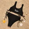 Swimwear Women Black Bikini DrawString Sexy Tankini Rhingestone High Taist Femme deux pièces