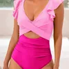 Frauen Badebekleidung Patchwork Farbe Monokini Stilvolle einteilige Badeanzüge für Frauen V-Ausschnitt Bauchkontrolle hohe Taille mit Ausschnittsdesign