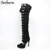 Stiefel Soerben schwarz über dem Knie Custom Calf Size Ladies High Heel Round Toe Hollow Out Schnürschuhe Plattform