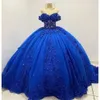 2024 Sexy Royal Blue Quinceanera Dresses Ball Gown Off Shoulder Illusion Lace Appliques 3D Floral Crystal Beads Puffy Party Dress Prom Evening Gowns 0513