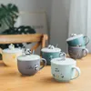 Tasses en céramique grande capacité petit déjeuner lait floc tasse tasse tasse de nouilles instantanées mignonnes avec couvercle et cuillère cartoon