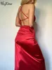 Robes décontractées de base Hugcitar 2024 Été Satin Slips Backless Lace Up Sexy Elegant Maxi Prom Robe Femmes Nouveaux vêtements de fête d'anniversaire Y2k Y240509