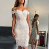 Champagne léger Robes de cocktails perlées longueur du genou court en dentelle blanche Applique chérie femmes robe de fête ajustée serrée 2528