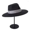 Bérets Bright Diamond Band Wide Brim Fedora Hat Black Wool Bloor pour femmes Hiver Panama Wedding Jazz