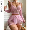 Sexy set ellolace lichtroze kant lingerie gril ruche ondergoed halter intieme outfits met lange mouw bilizna nieuw in erotische Q240511