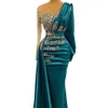 Teal Blue Mermaid Prom Formal Dress with Long Sleeve 2022 Pleated Stain Beaded Arabic Aso Ebi Evening Gowns vestidos de gala 262A