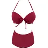 Frauen Badebekleidung hoher Taille Bikini Set Solid zweiteiler Badeanzug Frauen offener Rücken rotes Strand tragen sexy hängende Hals Badeanzug Frauen