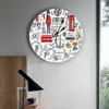 壁の時計ブリティッシュグラフィティロンドンカルチャー漫画丸い丸い壁時計吊り下げサイレントクロックホームインテリアベッドルームリビングルームの装飾