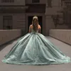 Aqua Blue Shiny Princess Ball klänning Charmig Quinceanera klänning Klassisk applikationspetspärlor Tull Sweet 16 Dress Vestidos de 15 Anos