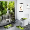 Shower Curtains Forest Waterfall Scenery Curtain Pink Flowers Green Plants Swan Landscape Bathroom Decor Non-slip Rug Toilet Bath Mat Set