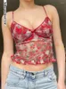 Kvinntankar Cherry Print Vest Mesh Tie Dye Lace Camisole Tops Red Sexig V Neck Se genom söt tank topp estetiska kläder kvinnliga kläder