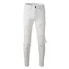 Sokotoo Mens White Rands Rived Bicycle Jeans Ultra-Thin Pleated Patch Jeans 240508