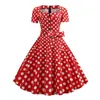 Robes de fête des années 1950 Robe rockabilly rétro MIDI A-Line avec un cou carré Big Bouton décor ceinturé Bow Women's for Performance