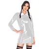 Robes décontractées Sexy Pu Patent Leather Gath Top Tops Down Coun Robe Femme Mini Marive Long Paquet de nuit en latex Slim PVC HIP