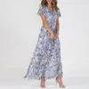 Lässige Kleider Frauen Maxi Kleid Stilvoller Frauen gegen Nacken Rüsche für Sommer Beach Urlaub Floral Print A-Line Resort Wear mit High