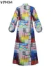 Plus Size 5XL VONDA Summer Bohemian Printed Dress Women Elegant Long Sleeve Vintage Maxi Sundress Casual Buttons Loose Robe 240424