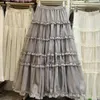 Jupes françaises romantique grandes swing blancs élastique taille longue jupe douce mori girl épissé gâteau en mailles à moitié ruples fadals pour femmes