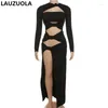 Casual Dresses Sexy Cut Out High Split Dress 2024 Fashion Elegant Long Sleeve Hollow Night Club Party for Women