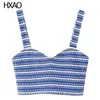 Women's Tanks HXAO Striped Tank Top Women Summer Knitted Hollow Out Blue Sleeveless Crop Sexy Tops Beach Backless Corset