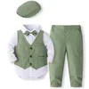Kleidungssets 5-teilige Frühlings- und Herbst-Neugeborene Kleidung koreanische Mode Gentleman enge Top+Tanktop+Hose+Krawatte+Hut Baby Luxuskleidung BC1684L240513