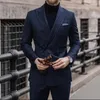 Męskie garnitury podwójnie piersi Chic Pełny zestaw granatowy prążkowek Blazer luksusowy 2 -częściowe spodnie kurtki formalne kostium Wysoka jakość