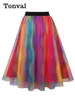 Skirts Tonval Vintage Multicolor Mesh Overlay Rainbow Long For Women 2024 Elastic Waist Pleated Casual Skirt