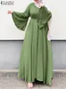 Zanzea Kadın Müslüman Maxi Elbise Düz Renk O yaka Uzun Kollu Türk Abaya Robe Moda Günlük Zarif Parti Büyük boyutlu Vestidos 240508