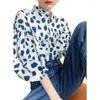Женская модная блузя для женской моды 2024 Летняя короткая рубашка для пузырькового рукава свободная волна точка припечаток стоять воротни