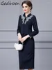 Robes de travail Gedivoen Automne Fashion Designer de mode bleu marine Vintage Jupe Set Femme Embroderie Slim Coat Long Package Buttocks 2 Pieces