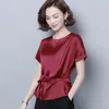 Blouses de femmes Fonction de la mode décontractée lacet up artificiel chemisier de soie plus taille de taille dame élégante raglan manche acétate chemises satin blusas