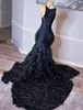 Robe de bal de sirène noire pour fille africaine perle les applications sans manches à paillettes