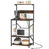 Kitchen Storage With Power Outlet Microwave Stand 6 S-Shaped Hooks 4-Tier Coffee Bar Rack Shelf Adjustable Freight Free