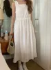 Casual Dresses Summer Square Collar Embroider White Dress Women Elegant Party Solid Drawstring Female Sundress Fashion Chic Midi