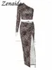 Arbeitskleider Zenaide Leopardendrucken Langarm ein Schulter -Crop -Top und geteilter Rock -Rock 2 -Stück Kleid Set Frauen sexy y2k Urlaub Outfits