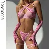 Sexy set Ellolace Leopard Lingerie Cross Bra Push Up Intimate See Through Lace Hot Girl Underwear Romantic Loving Heart Gloves Stocking Q240511