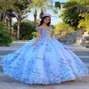 Blush Sky Blue Quinceanera Vestidos 2021 Lectins de hombros Flores Flores Princesa Party Sweet 16 Ball Vestidos de 15 A OS 3306