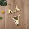 Frauen Badebekleidung Frauen Dreieck Bikini Sets glänzen Gold BH zweiteilige sexy Badeanzug String -Side Badeanzug