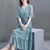 Casual Dresses Blue Chiffon Printed Dress For Women 2024 Spring/Summer Lace Up Button Long Skirt Elegant Women's Fragmented Flower