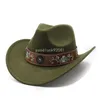 Emerald Decor Western Cowboy Women's Hat Jazz Men Ethnic Style Retro Filt Hats Faux Wool Travel Cowgirl Fedora