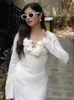 Sukienki zwykłe 3D kwiatowe kobiety w dekolcie maxi sukienka solidna długie rękawie Split Slim Female 2024 Spring Summer Beachwear Ruffles Lady Robe