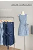 Women Blue A-line Mini Dress Vintage Evening Elegant Lace-up O-Neck Sleeveless Dresses Y2k One Piece Frocks 2000s Clothes Summer 240511